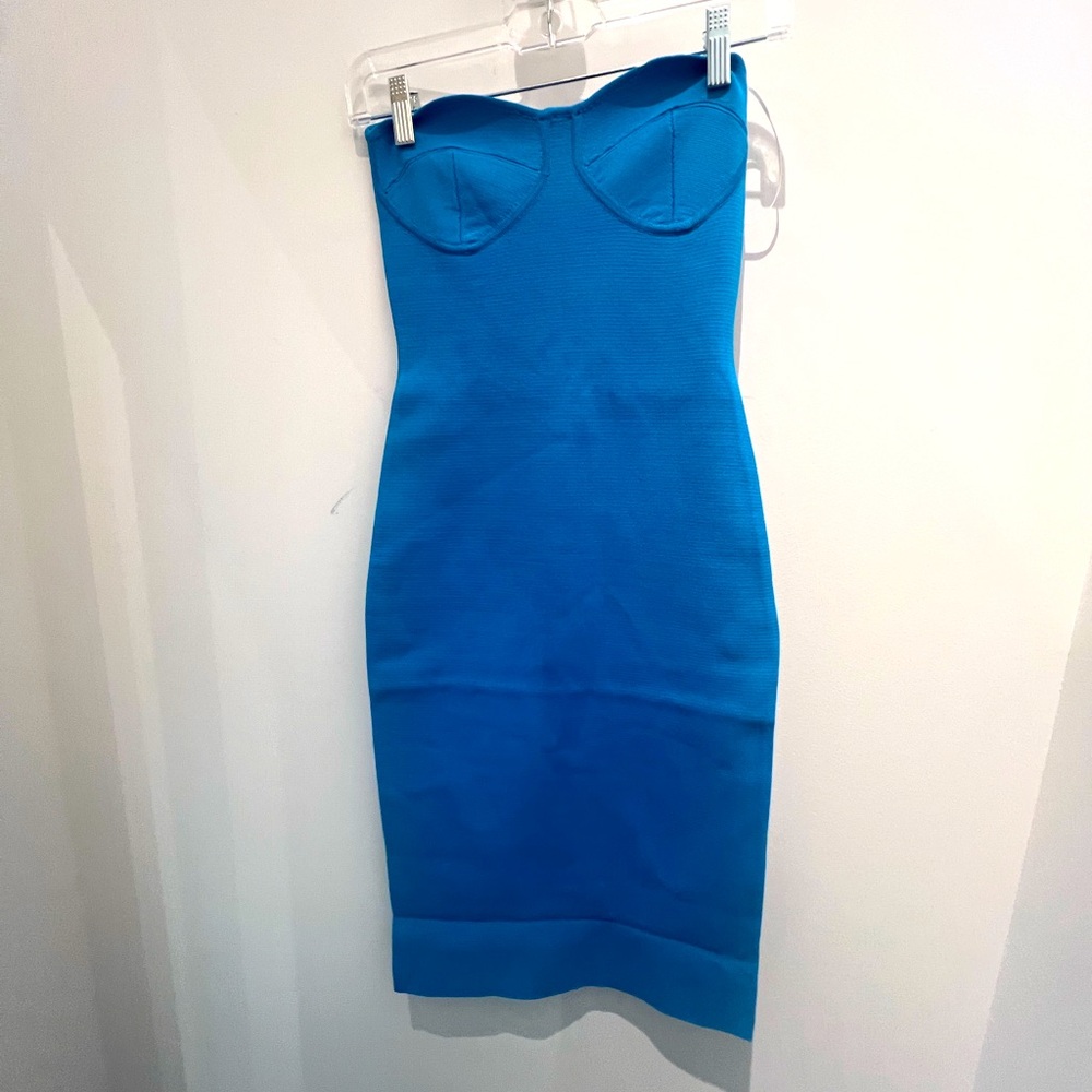 Blue strapless cocktail dress.